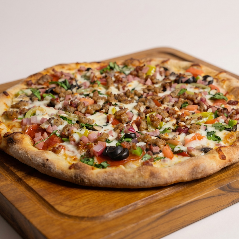 A whole pizza with various toppings including sausage, ham, olives, and peppers on a wooden board.