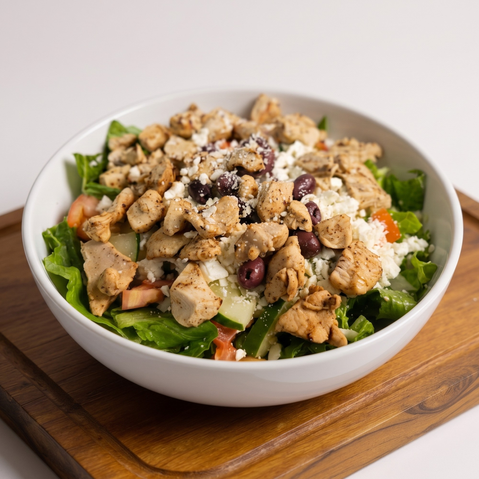 Chicken salad with lettuce, tomatoes, cucumbers, olives, and feta cheese in a white bowl.