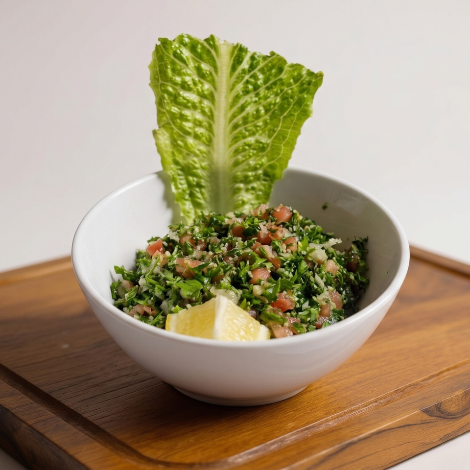 A white bowl of tabbouleh salad with a lemon wedge and a lettuce leaf on a wooden board.