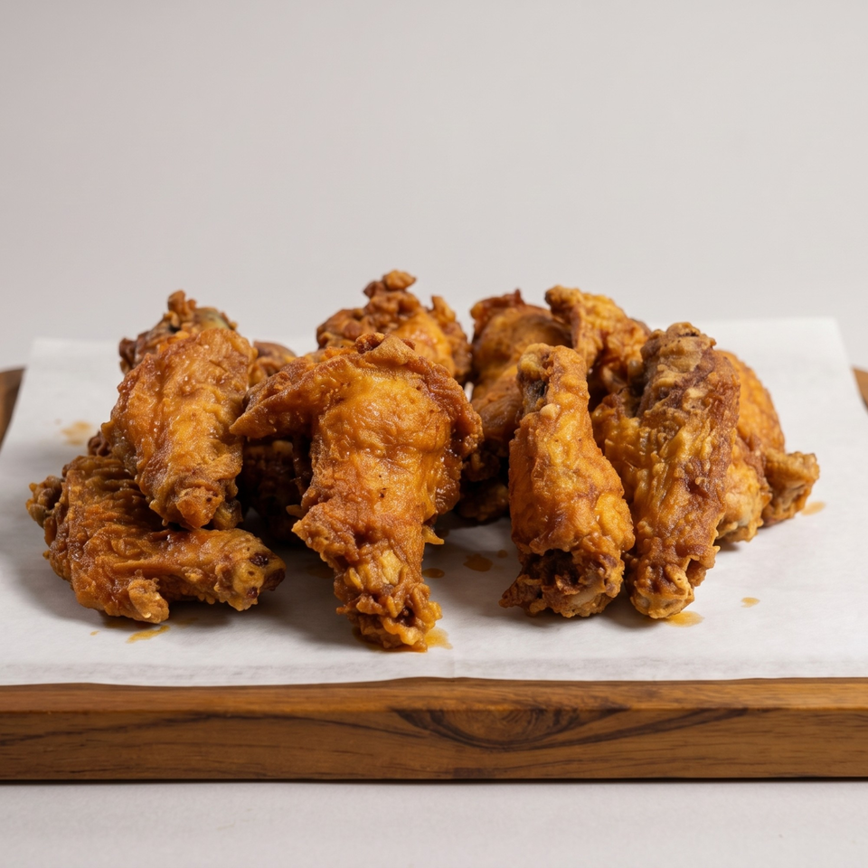 A pile of crispy, golden-brown fried chicken wings on white parchment paper atop a wooden board.