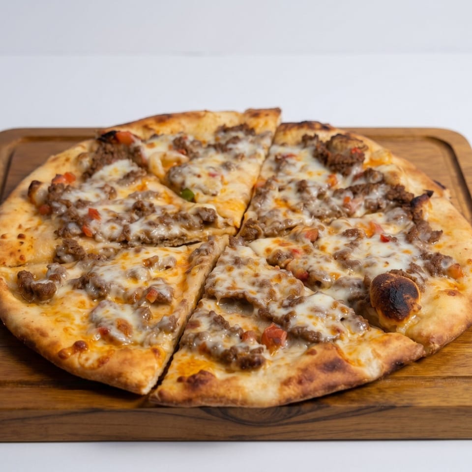 Round pizza with ground meat, melted cheese, and diced tomatoes on a wooden board.