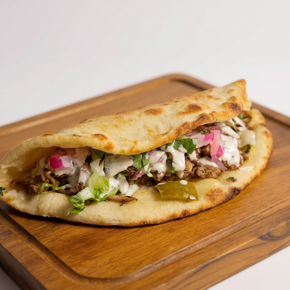 A delicious shawarma wrap with meat, lettuce, pickled onions, and white sauce on a wooden board.